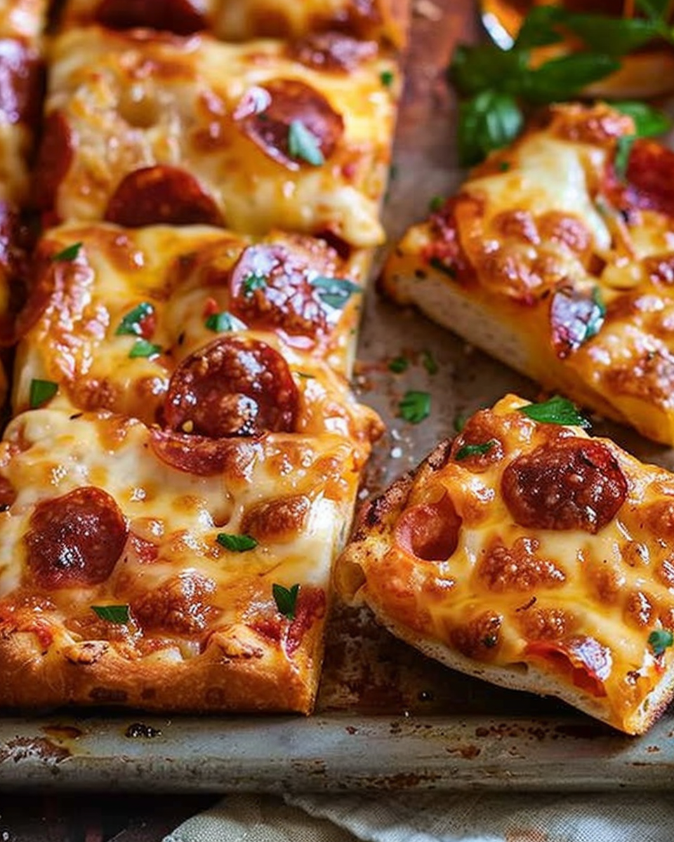 Close-up of sliced bread pizza topped with melted cheese, pepperoni, and fresh herbs.