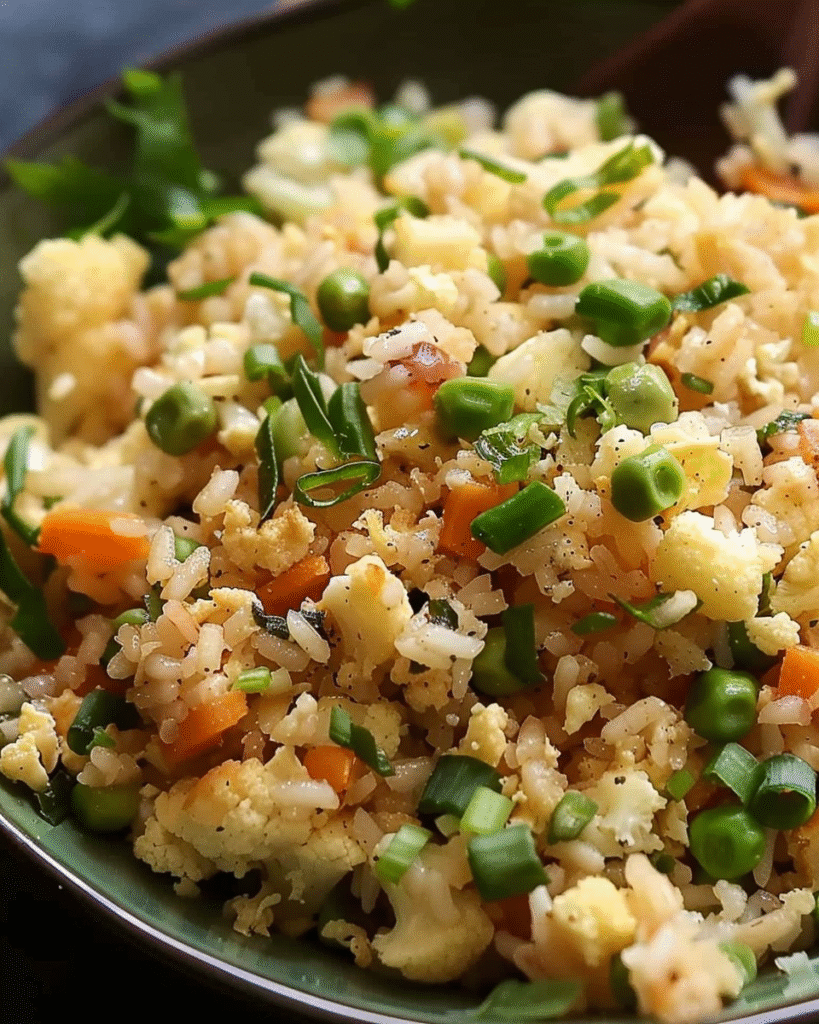 A close-up of a bowl filled with cauliflower fried rice, featuring peas, carrots, cauliflower florets, and chopped green onions.