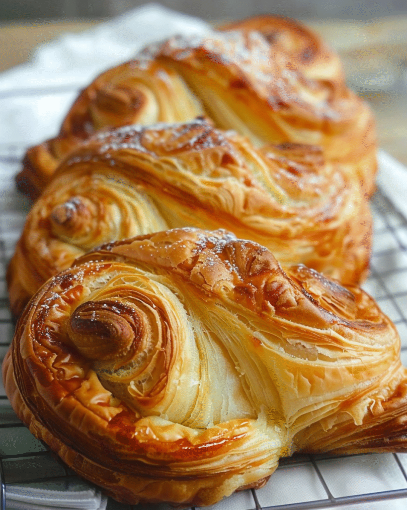 Close-up of beautifully layered, golden-brown croissant-style pastries with intricate swirls and a light dusting of powdered sugar, cooling on a wire rack.