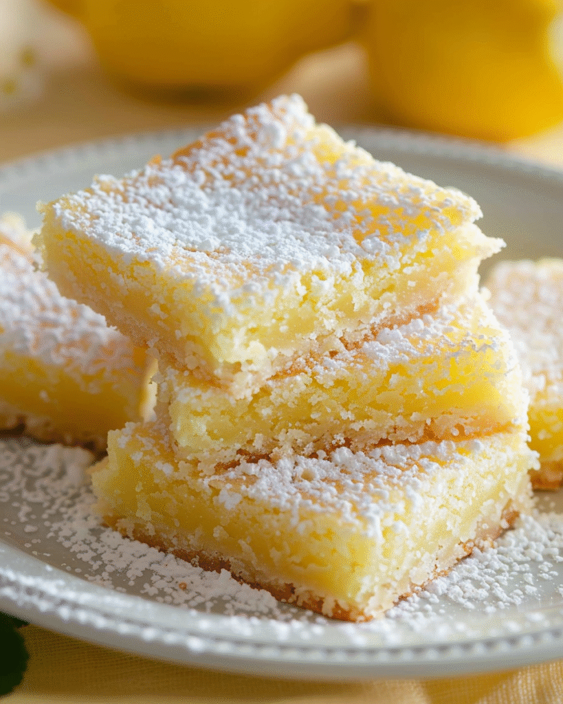 Stacked lemon curd bars dusted with powdered sugar on a white plate with blurred lemons in the background.