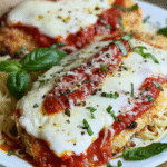 Close-up of high protein chicken parmesan topped with melted mozzarella, tomato sauce, and fresh basil, served over pasta.
