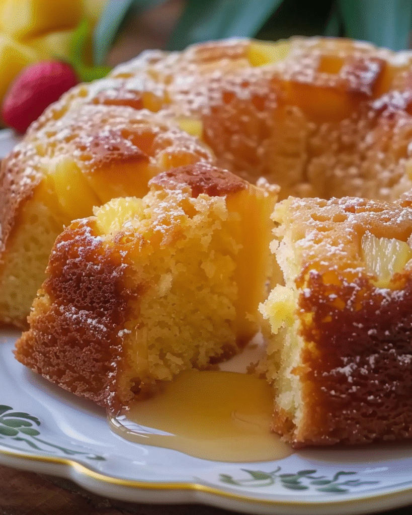 Close-up of a moist pineapple juice bundt cake with pineapple chunks, dusted with powdered sugar and drizzled with syrup on a plate.
