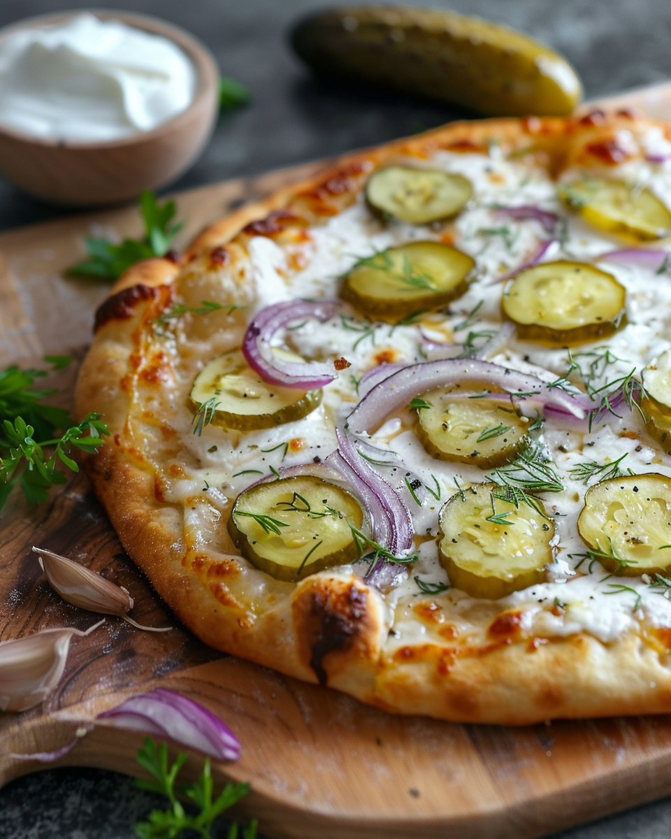 Pickle pizza on a wooden board, topped with sliced pickles, red onion, fresh dill, and melted cheese, with garlic cloves and herbs nearby.