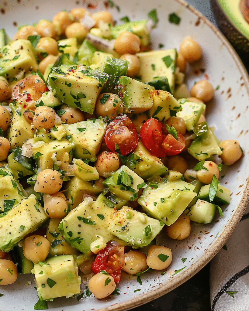 Close-up of a fresh avocado chickpea salad with diced avocado, chickpeas, cherry tomatoes, chopped herbs, and a sprinkle of seasoning.