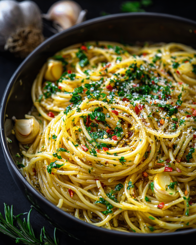 Spaghetti in a black bowl with whole garlic cloves, chopped parsley, red pepper flakes, and grated cheese on top.
