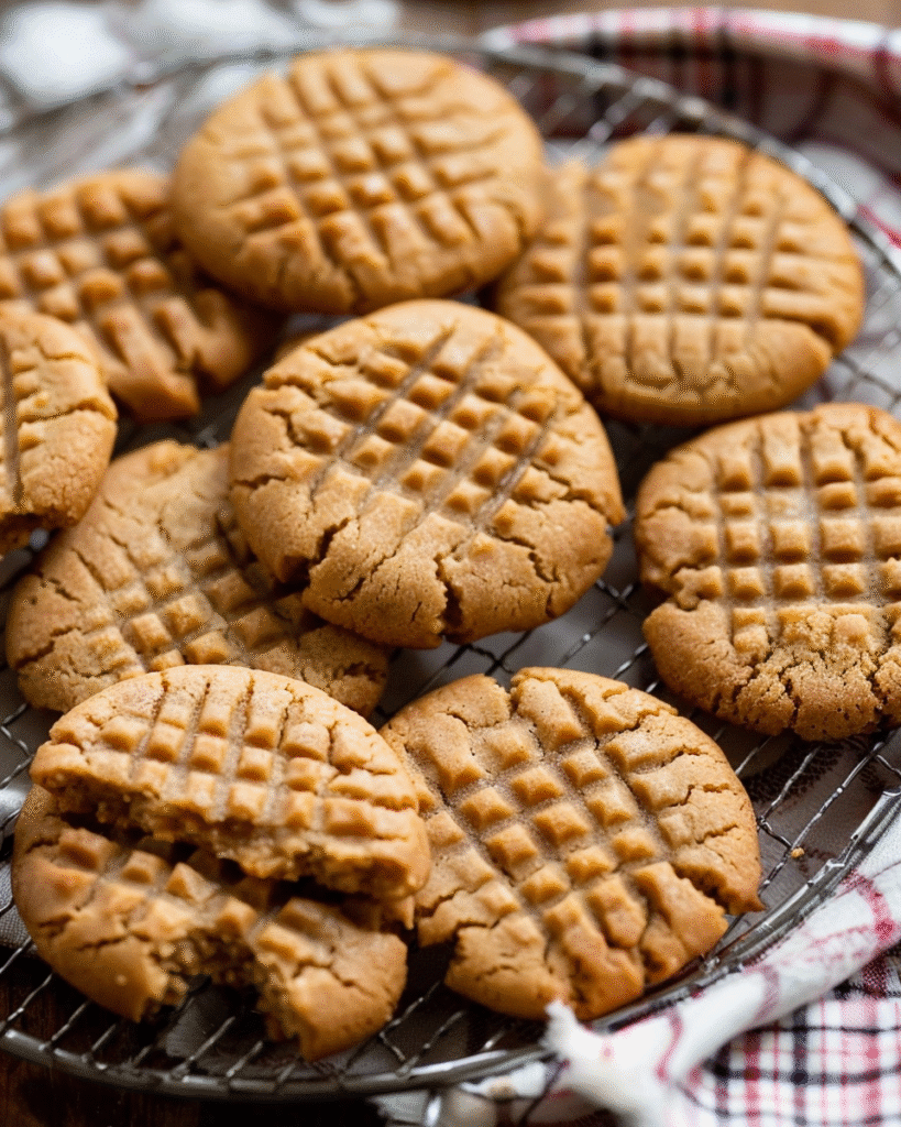 Freshly baked peanut butter cookies with a crisscross pattern cooling on a round wire rack.