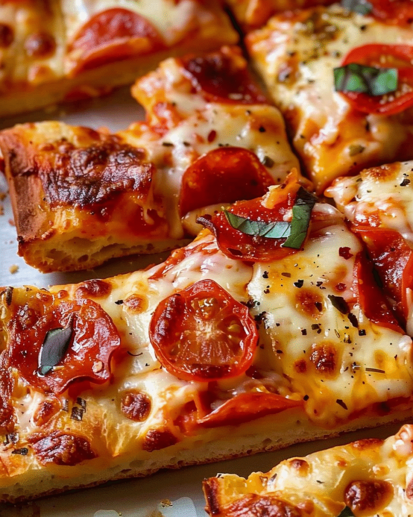 Slices of bread pizza topped with melted cheese, pepperoni, cherry tomatoes, and basil leaves.