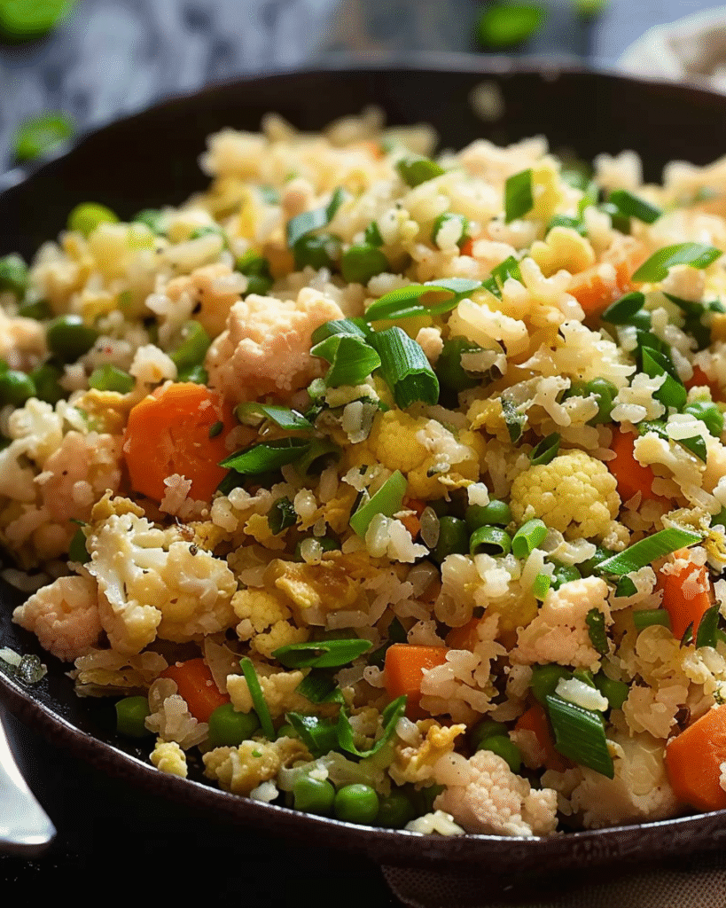 A skillet filled with cauliflower fried rice, mixed with diced carrots, peas, scrambled eggs, green onions, and cauliflower florets.
