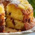 Slice of pineapple cake with golden crust, bits of fruit inside, topped with pineapple chunks and powdered sugar on a cake stand.