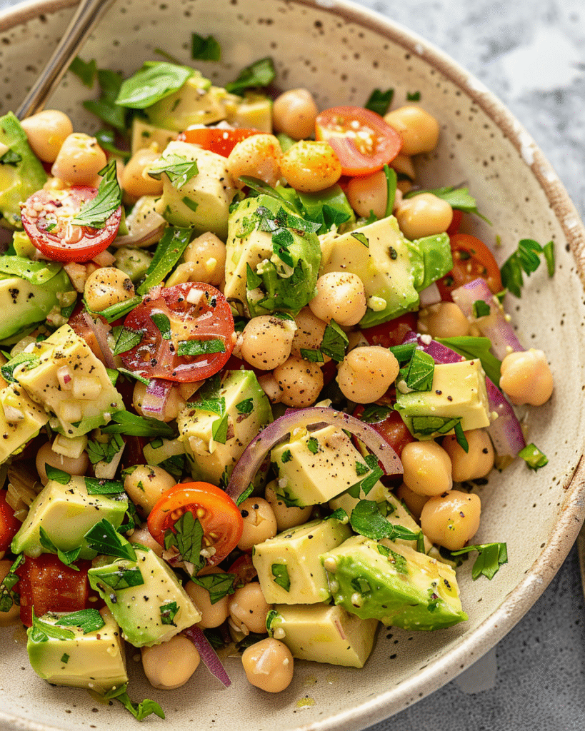 A vibrant bowl of avocado chickpea salad with cherry tomatoes, red onion, parsley, and a light vinaigrette, topped with cracked black pepper.