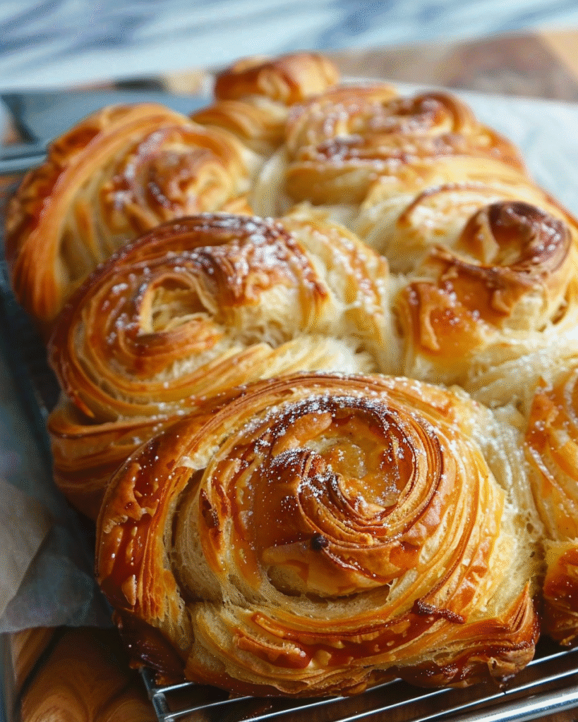 Golden, flaky croissant pull-apart bread with caramelized layers and a dusting of powdered sugar, fresh out of the oven on a cooling rack.