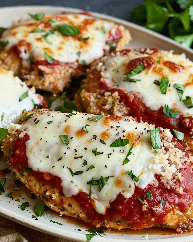 Plate of baked chicken parmesan breasts topped with melted mozzarella, marinara sauce, chopped parsley, and cracked black pepper.
