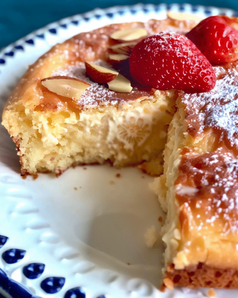 Whole low-carb Greek yogurt almond cake with a slice removed, topped with fresh strawberries, sliced almonds, and a dusting of powdered sugar.