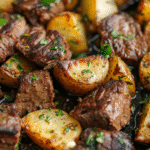 Close-up of juicy garlic butter steak bites and golden roasted potatoes garnished with fresh parsley.