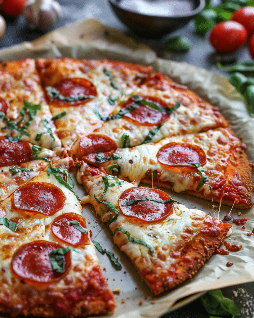Low-carb pepperoni pizza with a crispy crust, melted mozzarella, and fresh basil slices.