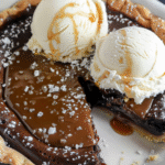 A rich fudgy chocolate pie topped with glossy salted caramel, coarse sea salt flakes, and scoops of vanilla ice cream.