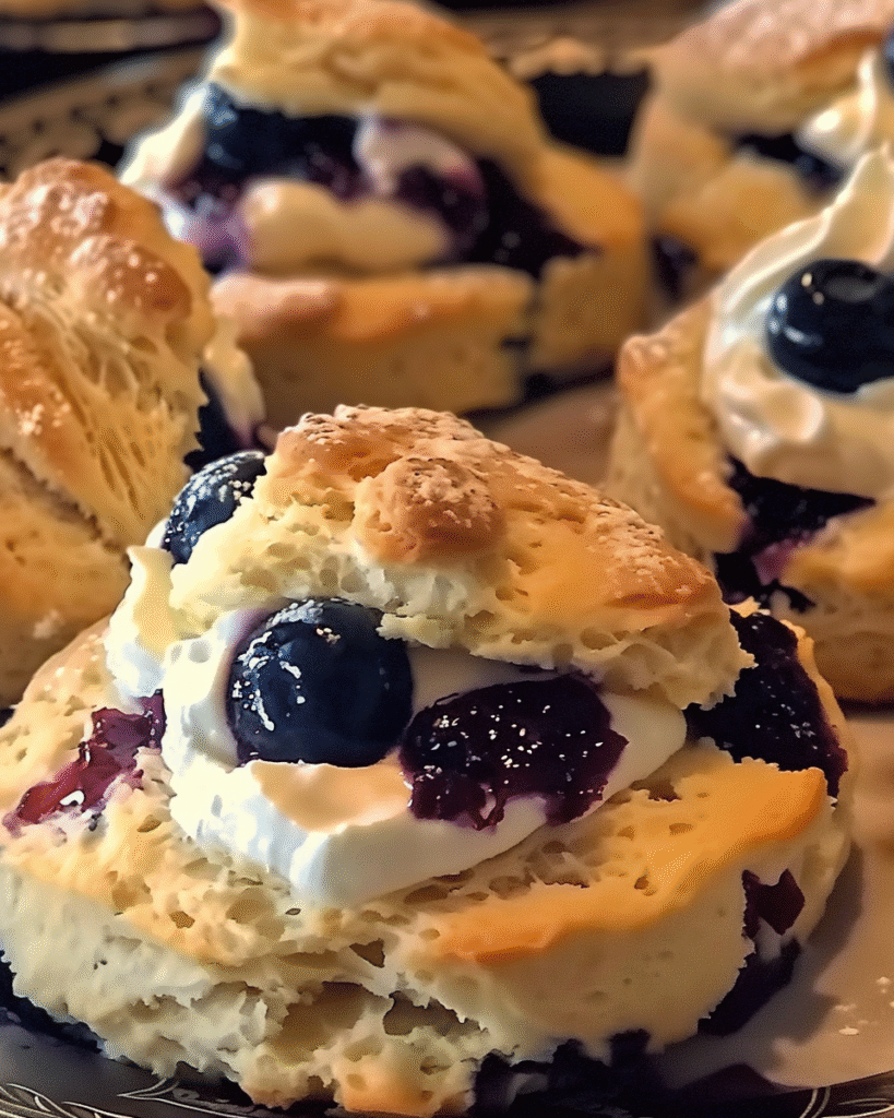 Fluffy homemade scone filled with whipped cream and blueberry compote, topped with fresh blueberries and powdered sugar.