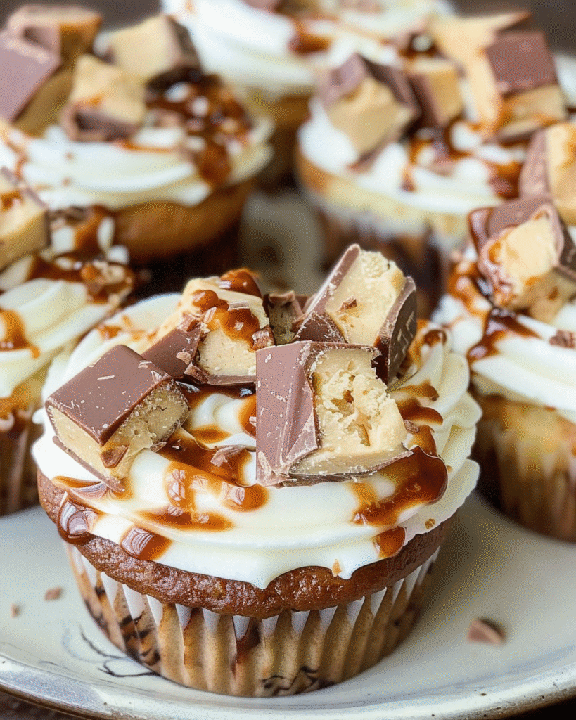 Close-up of a chocolate-based mini cheesecake topped with Snickers candy pieces and drizzled with caramel sauce.