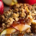 Close-up of a slice of apple crumble oatmeal square with a golden oat topping and caramelized apple filling.